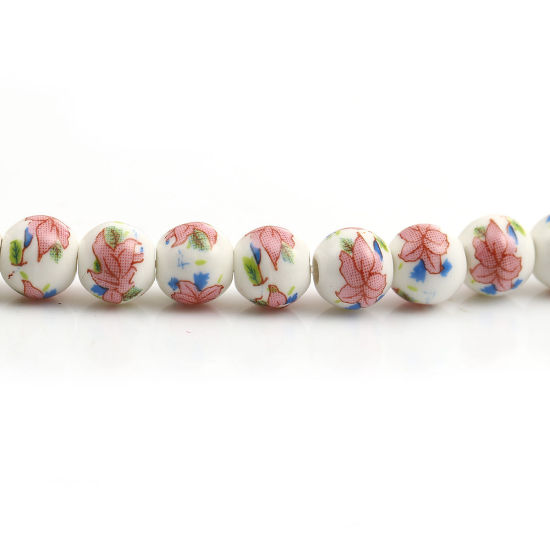 Image de Perles en Céramique Rond Rose Fleurs 9mm Dia - 8mm Dia, Trou: 2mm, 30.5cm long, 1 Enfilade (Env. 40 Pcs/Enfilade)