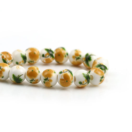 Image de Perles en Céramique Rond Jaune Fleurs 9mm Dia - 8mm Dia, Trou: 2mm, 30.5cm long, 1 Enfilade (Env. 40 Pcs/Enfilade)