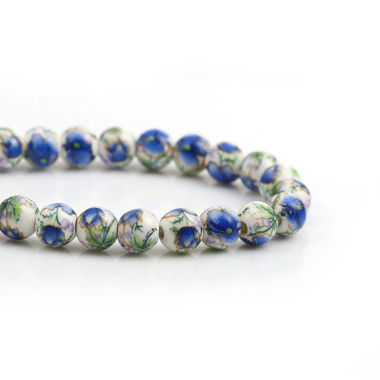 Picture of Ceramic Beads Round Blue Flower About 9mm Dia. - 8mm Dia., Hole: Approx 2mm, 30.5cm long, 1 Strand (Approx 40 PCs/Strand)