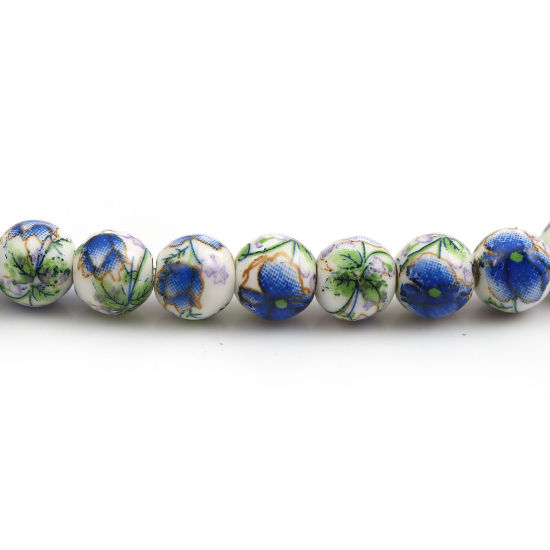 Image de Perles en Céramique Rond Bleu Fleurs 9mm Dia - 8mm Dia, Trou: 2mm, 30.5cm long, 1 Enfilade (Env. 40 Pcs/Enfilade)