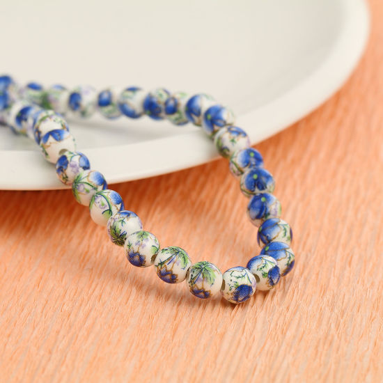 Image de Perles en Céramique Rond Bleu Fleurs 9mm Dia - 8mm Dia, Trou: 2mm, 30.5cm long, 1 Enfilade (Env. 40 Pcs/Enfilade)
