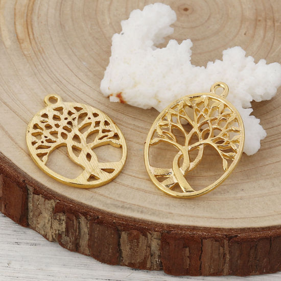 Picture of Zinc Based Alloy Pendants Oval Gold Plated Tree 32mm(1 2/8") x 24mm(1"), 10 PCs