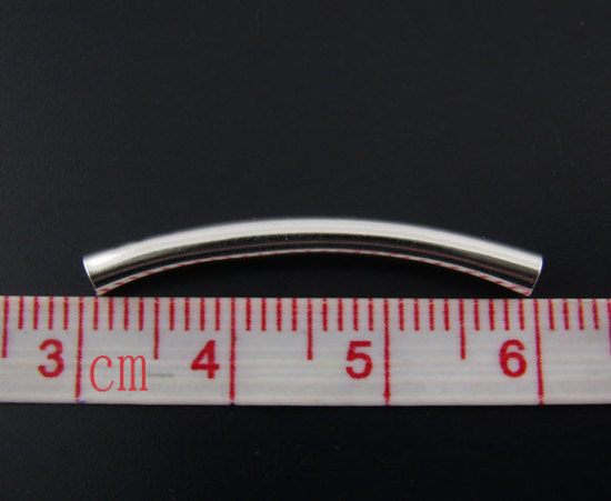 Picture of Brass Spacer Beads Curve Tube Silver Plated About 30mm(1 1/8") x 3mm( 1/8"), Hole:Approx 2.5mm, 200 PCs                                                                                                                                                       
