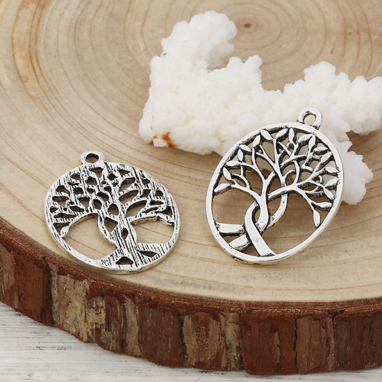 Picture of Zinc Based Alloy Pendants Oval Antique Silver Color Tree 32mm(1 2/8") x 24mm(1"), 10 PCs