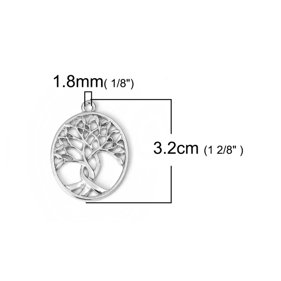 Bild von Zinklegierung Anhänger Oval Silberfarbe Bäume 32mm x 24mm, 10 Stück