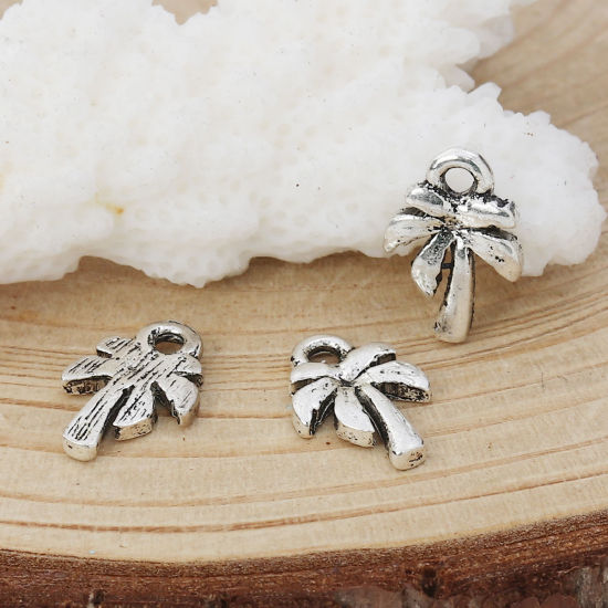Picture of Zinc Based Alloy Charms Coconut Tree Antique Silver Color 12mm( 4/8") x 8mm( 3/8"), 50 PCs