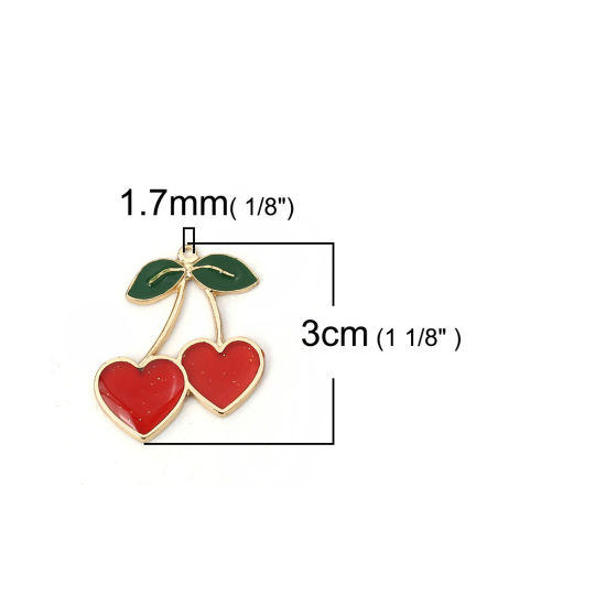 Picture of Zinc Based Alloy Pendants Cherry Fruit Gold Plated Red Enamel 30mm(1 1/8") x 27mm(1 1/8"), 5 PCs