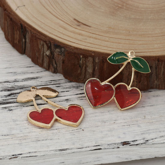 Picture of Zinc Based Alloy Pendants Cherry Fruit Gold Plated Red Enamel 30mm(1 1/8") x 27mm(1 1/8"), 5 PCs