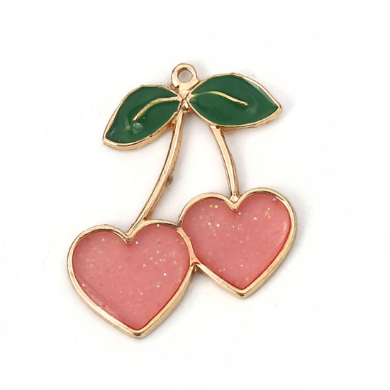 Picture of Zinc Based Alloy Pendants Cherry Fruit Gold Plated Pink Enamel 30mm(1 1/8") x 27mm(1 1/8"), 5 PCs
