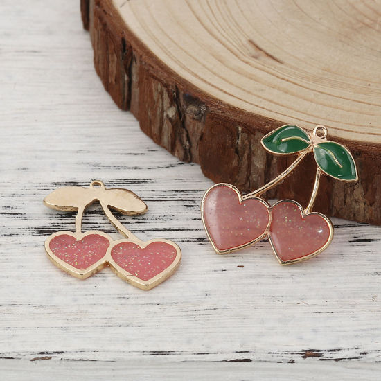 Picture of Zinc Based Alloy Pendants Cherry Fruit Gold Plated Pink Enamel 30mm(1 1/8") x 27mm(1 1/8"), 5 PCs