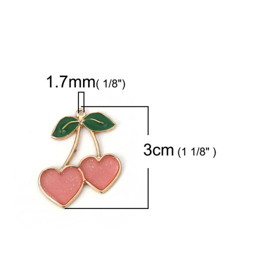 Picture of Zinc Based Alloy Pendants Cherry Fruit Gold Plated Pink Enamel 30mm(1 1/8") x 27mm(1 1/8"), 5 PCs