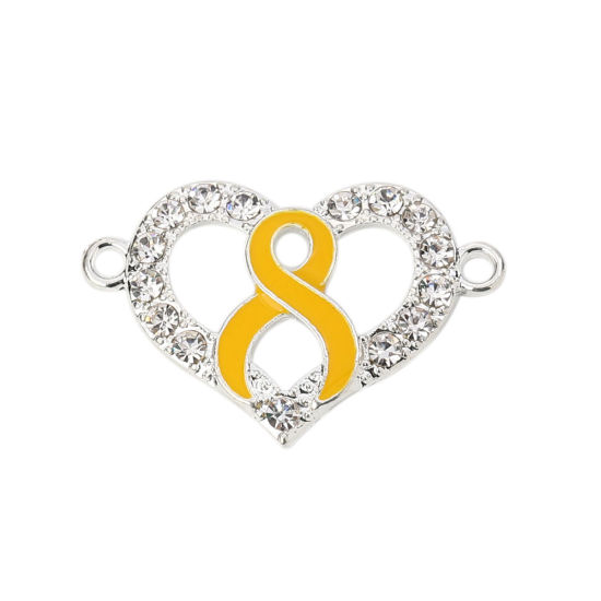 Picture of Zinc Based Alloy Connectors Heart Silver Plated Yellow Ribbon Enamel Clear Rhinestone 38mm x 25mm, 3 PCs