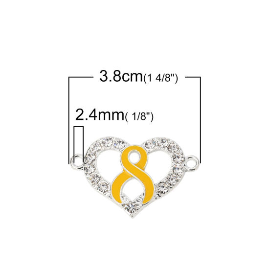 Picture of Zinc Based Alloy Connectors Heart Silver Plated Yellow Ribbon Enamel Clear Rhinestone 38mm x 25mm, 3 PCs
