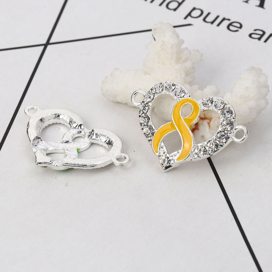 Picture of Zinc Based Alloy Connectors Heart Silver Plated Yellow Ribbon Enamel Clear Rhinestone 38mm x 25mm, 3 PCs