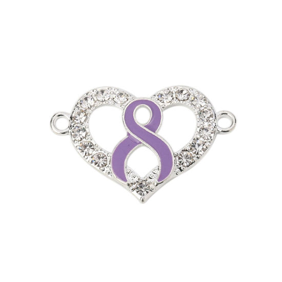 Imagen de Zamak Conectores Corazón Argentado Púrpura Cinta Esmalte Transparente Rhinestone 38mm x 25mm, 3 Unidades