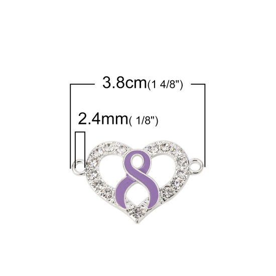 Imagen de Zamak Conectores Corazón Argentado Púrpura Cinta Esmalte Transparente Rhinestone 38mm x 25mm, 3 Unidades