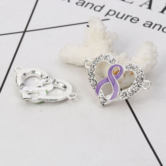 Imagen de Zamak Conectores Corazón Argentado Púrpura Cinta Esmalte Transparente Rhinestone 38mm x 25mm, 3 Unidades