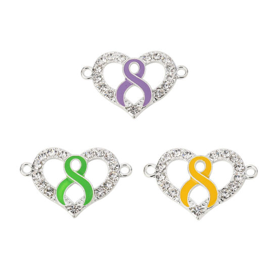Imagen de Zamak Conectores Corazón Argentado Púrpura Cinta Esmalte Transparente Rhinestone 38mm x 25mm, 3 Unidades