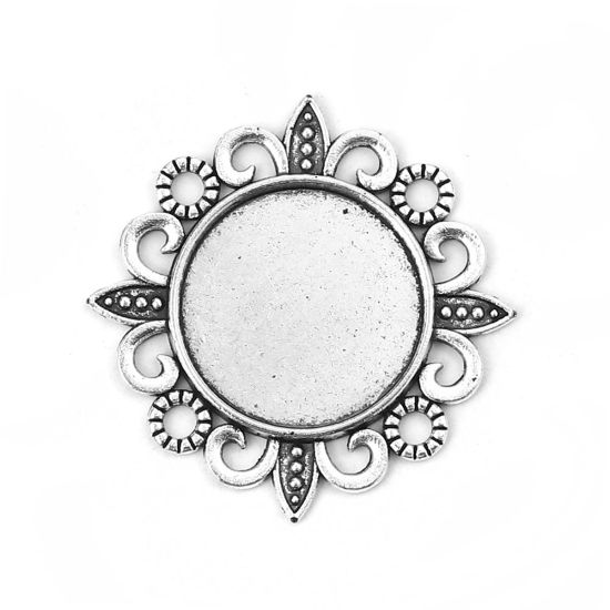 Picture of Zinc Based Alloy Cabochon Frame Settings Flower Antique Silver Color Cabochon Settings (Fits 18mm Dia.) 32mm(1 2/8") x 32mm(1 2/8"), 30 PCs