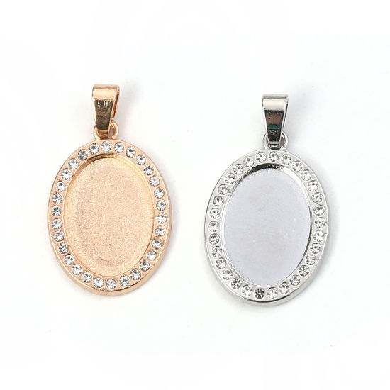 Picture of Zinc Based Alloy Pendants Oval Silver Tone Cabochon Settings (Fits 18mmx13mm) Clear Rhinestone 32mm x 18mm, 5 PCs