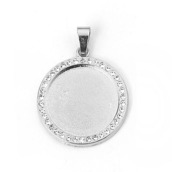 Picture of Zinc Based Alloy Pendants Round Silver Tone Cabochon Settings (Fits 20mm Dia.) Clear Rhinestone 34mm x 25mm, 3 PCs