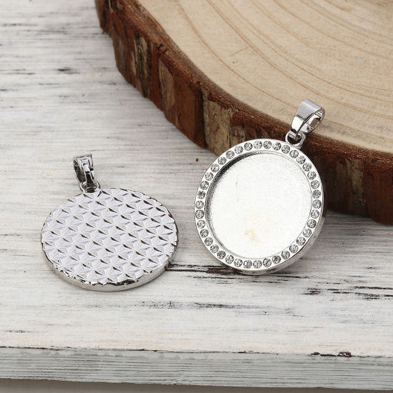 Picture of Zinc Based Alloy Pendants Round Silver Tone Cabochon Settings (Fits 20mm Dia.) Clear Rhinestone 34mm x 25mm, 3 PCs