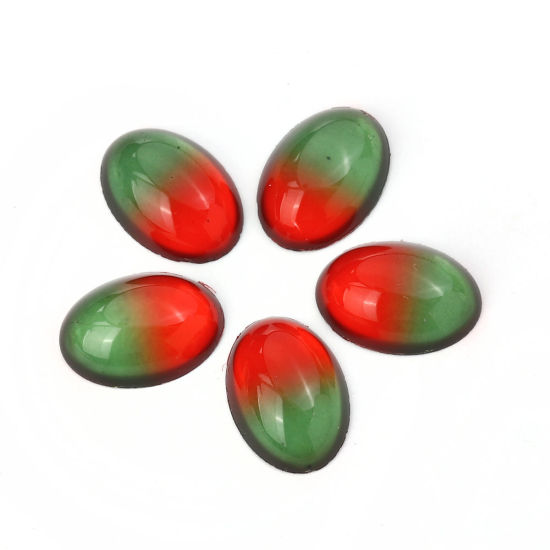 Image de Cabochon Dôme en Verre Ovale Dos Plat Rouge & Vert 18mm x 13mm, 10 Pcs