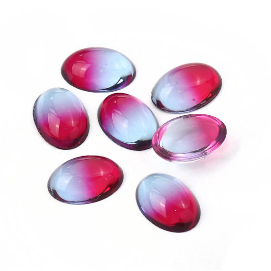 Image de Cabochon Dôme en Verre Ovale Dos Plat Bleu & Fuchsia 18mm x 13mm, 10 Pcs