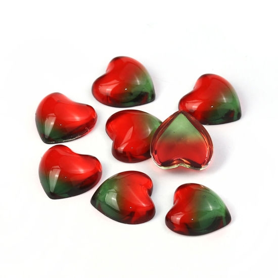 Image de Cabochon Dôme en Verre Cœur Dos Plat Rouge & Vert 15mm x 15mm, 5 Pcs