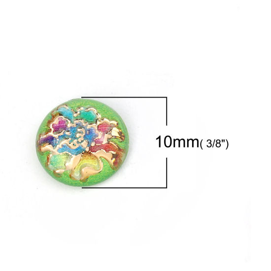 Picture of Acrylic Dome Seals Cabochon Round Green Flower Pattern 10mm( 3/8") Dia, 200 PCs