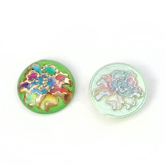 Picture of Acrylic Dome Seals Cabochon Round Green Flower Pattern 10mm( 3/8") Dia, 200 PCs