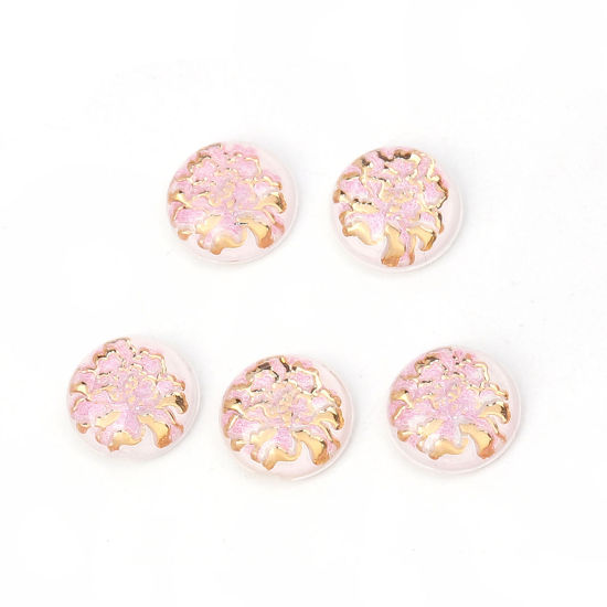 Picture of Acrylic Dome Seals Cabochon Round Pink Flower Pattern 10mm( 3/8") Dia, 200 PCs