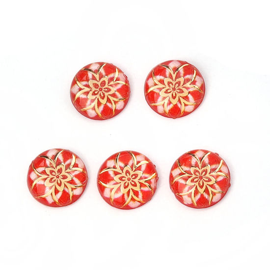 Picture of Acrylic Dome Seals Cabochon Round Red Flower Pattern 10mm( 3/8") Dia, 200 PCs