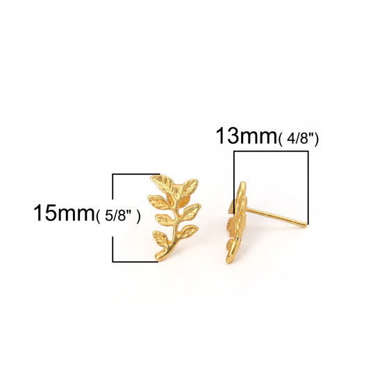 Immagine di Lega di Zinco Orecchini a Perno Tappi di Orecchini Foglia Oro Opaco 15mm x 9mm, Diametro Filo: (20 misura), 6 Pz