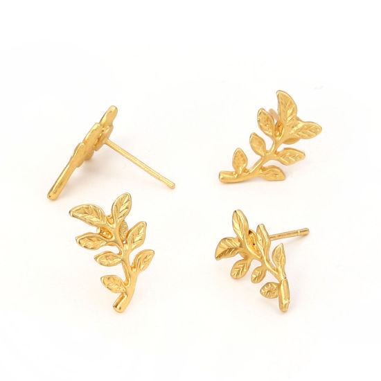 Immagine di Lega di Zinco Orecchini a Perno Tappi di Orecchini Foglia Oro Opaco 15mm x 9mm, Diametro Filo: (20 misura), 6 Pz