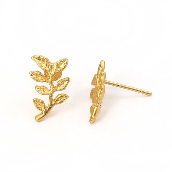 Immagine di Lega di Zinco Orecchini a Perno Tappi di Orecchini Foglia Oro Opaco 15mm x 9mm, Diametro Filo: (20 misura), 6 Pz