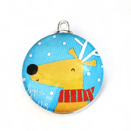 Picture of Glass Pendants Round Disc Christmas Reindeer Blue 35mm(1 3/8") x 30mm(1 1/8"), 5 PCs