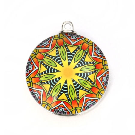 Picture of Glass Buddhism Mandala Pendants Round Disc Multicolor 35mm(1 3/8") x 30mm(1 1/8"), 5 PCs