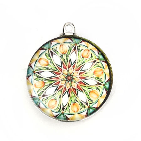 Picture of Glass Buddhism Mandala Pendants Round Disc Flower Multicolor 35mm(1 3/8") x 30mm(1 1/8"), 5 PCs