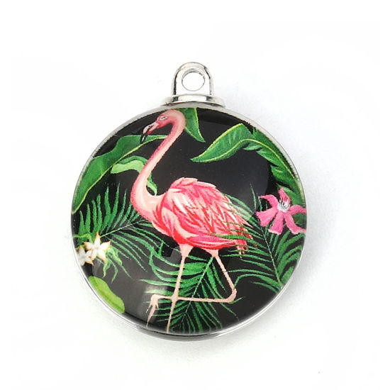 Picture of Glass Pendants Round Flamingo Green 30mm(1 1/8") x 25mm(1"), 5 PCs