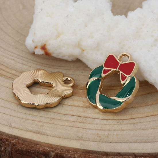 Picture of Zinc Based Alloy Charms Christmas Wreath Gold Plated Red & Green Bowknot Enamel 16mm( 5/8") x 14mm( 4/8"), 10 PCs
