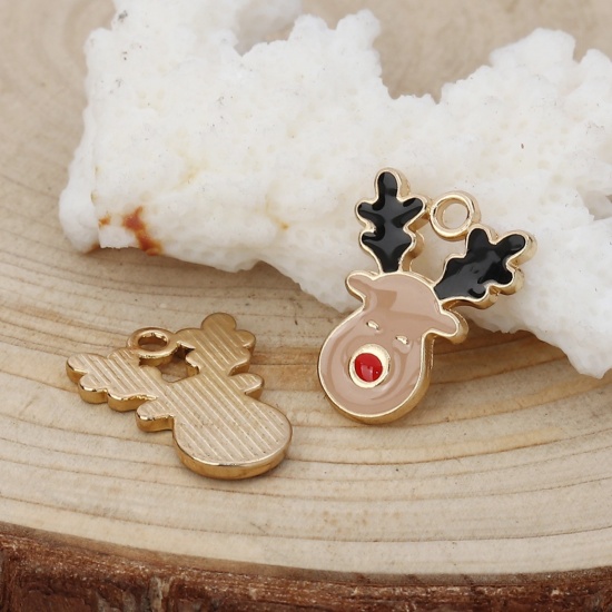 Picture of Zinc Based Alloy Charms Christmas Reindeer Gold Plated Khaki Enamel 17mm( 5/8") x 13mm( 4/8"), 10 PCs