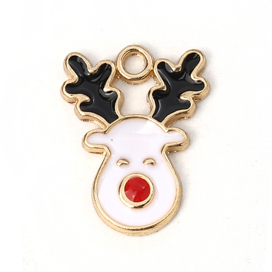 Picture of Zinc Based Alloy Charms Christmas Reindeer Gold Plated White Enamel 17mm( 5/8") x 13mm( 4/8"), 10 PCs