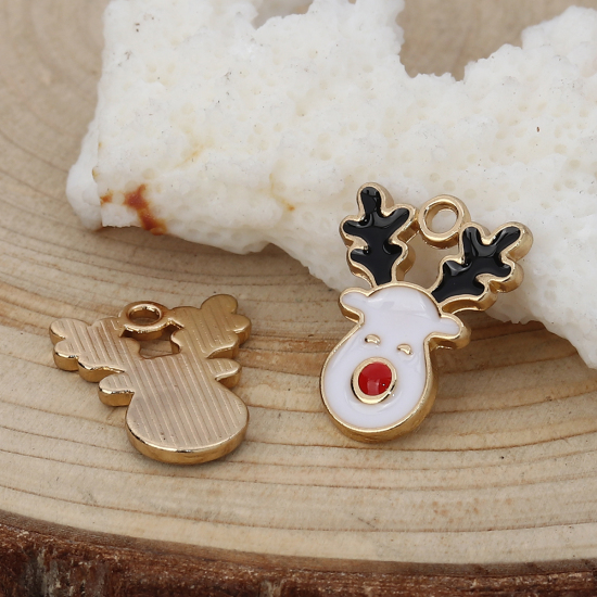 Picture of Zinc Based Alloy Charms Christmas Reindeer Gold Plated White Enamel 17mm( 5/8") x 13mm( 4/8"), 10 PCs