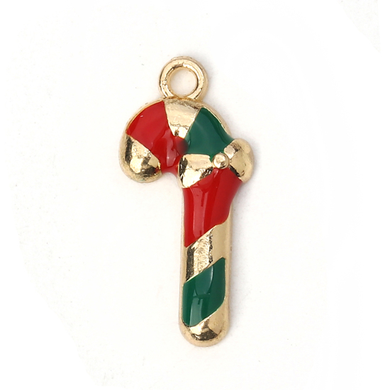 Picture of Zinc Based Alloy Charms Christmas Candy Cane Gold Plated Red & Green Enamel 21mm( 7/8") x 10mm( 3/8"), 10 PCs
