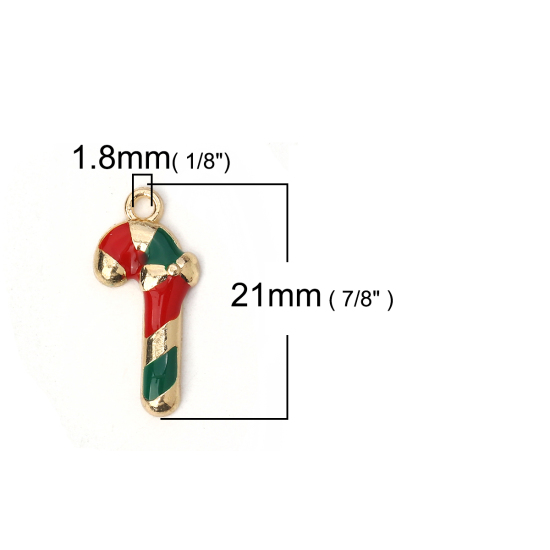 Picture of Zinc Based Alloy Charms Christmas Candy Cane Gold Plated Red & Green Enamel 21mm( 7/8") x 10mm( 3/8"), 10 PCs