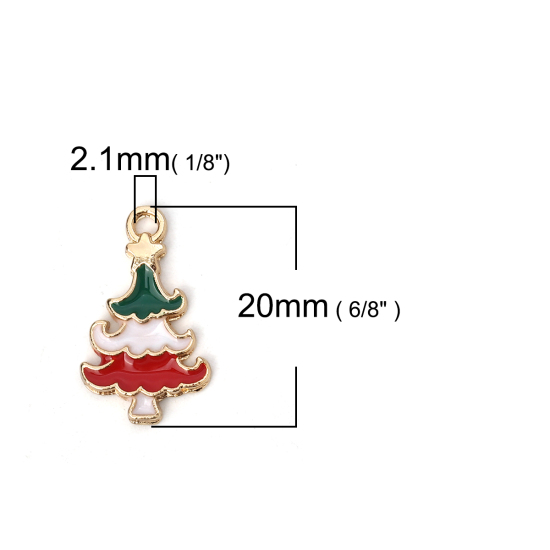 Picture of Zinc Based Alloy Charms Christmas Tree Gold Plated Red & Green Enamel 20mm( 6/8") x 12mm( 4/8"), 10 PCs