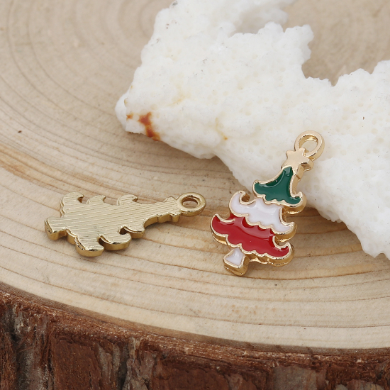Picture of Zinc Based Alloy Charms Christmas Tree Gold Plated Red & Green Enamel 20mm( 6/8") x 12mm( 4/8"), 10 PCs