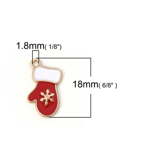 Picture of Zinc Based Alloy Charms Christmas Gloves Gold Plated White & Red Christmas Snowflake Enamel 18mm( 6/8") x 11mm( 3/8"), 10 PCs