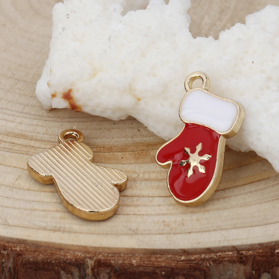 Picture of Zinc Based Alloy Charms Christmas Gloves Gold Plated White & Red Christmas Snowflake Enamel 18mm( 6/8") x 11mm( 3/8"), 10 PCs